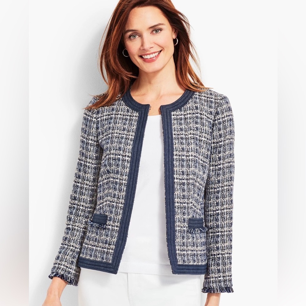 New Talbots Chambray-Trim Boucle Tweed Jacket